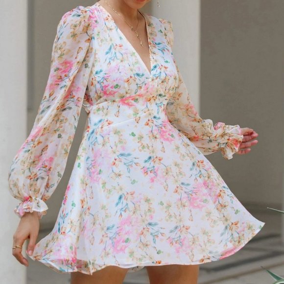 Floral Chiffon Dress - Lantern Sleeve - Size M - Picture 5 of 5